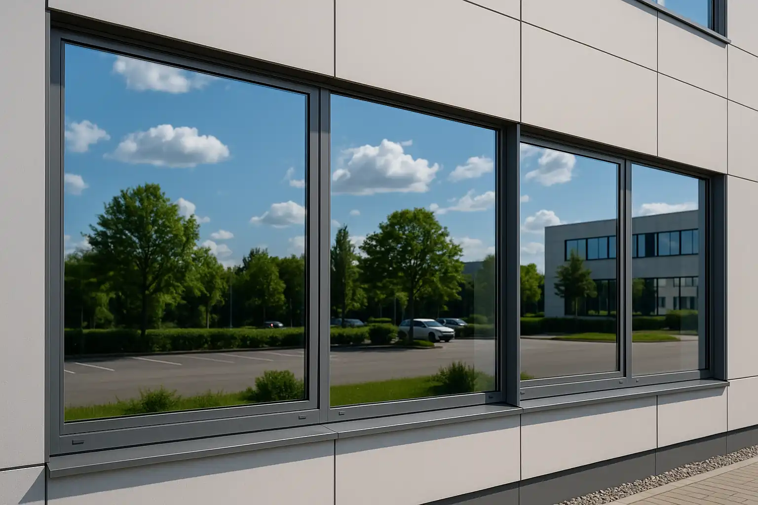 Spiegelfolie an einer Fensterfront, die das Tageslicht nach aussen reflektiert