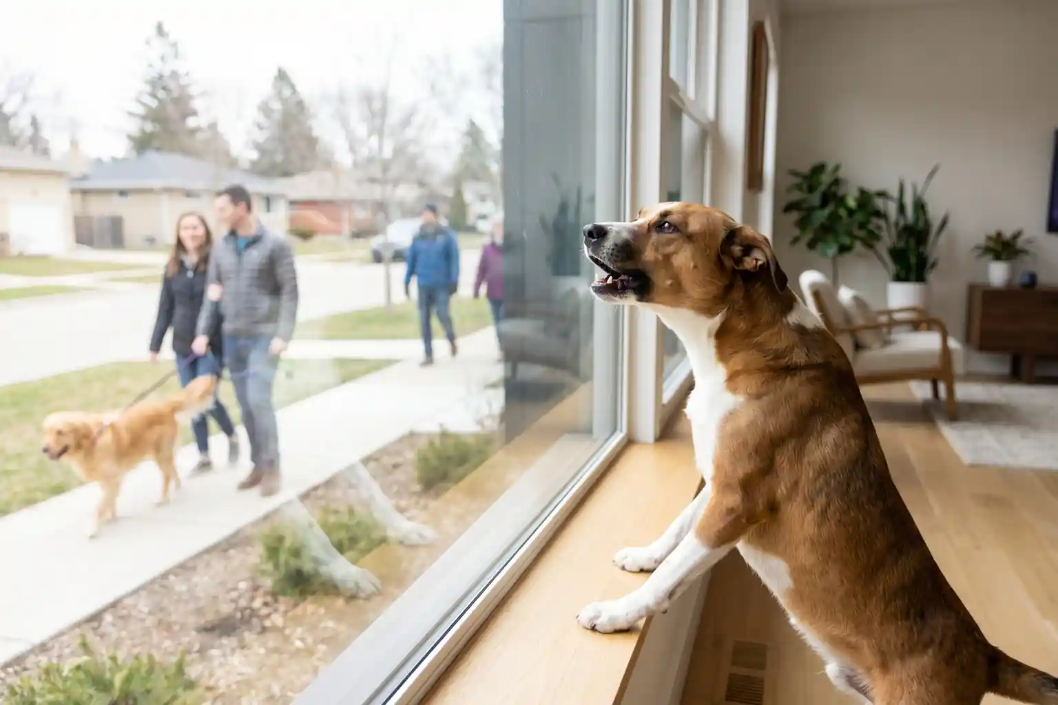 Hund bellt wegen sicht auf gehweg durchs Fenster-Beitragsbild