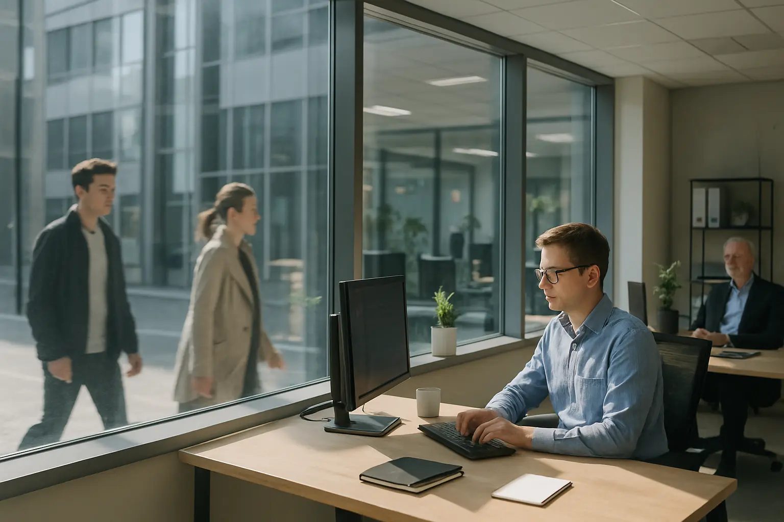 Blick auf Computerbildschirm von außen im Büro – Bild 2