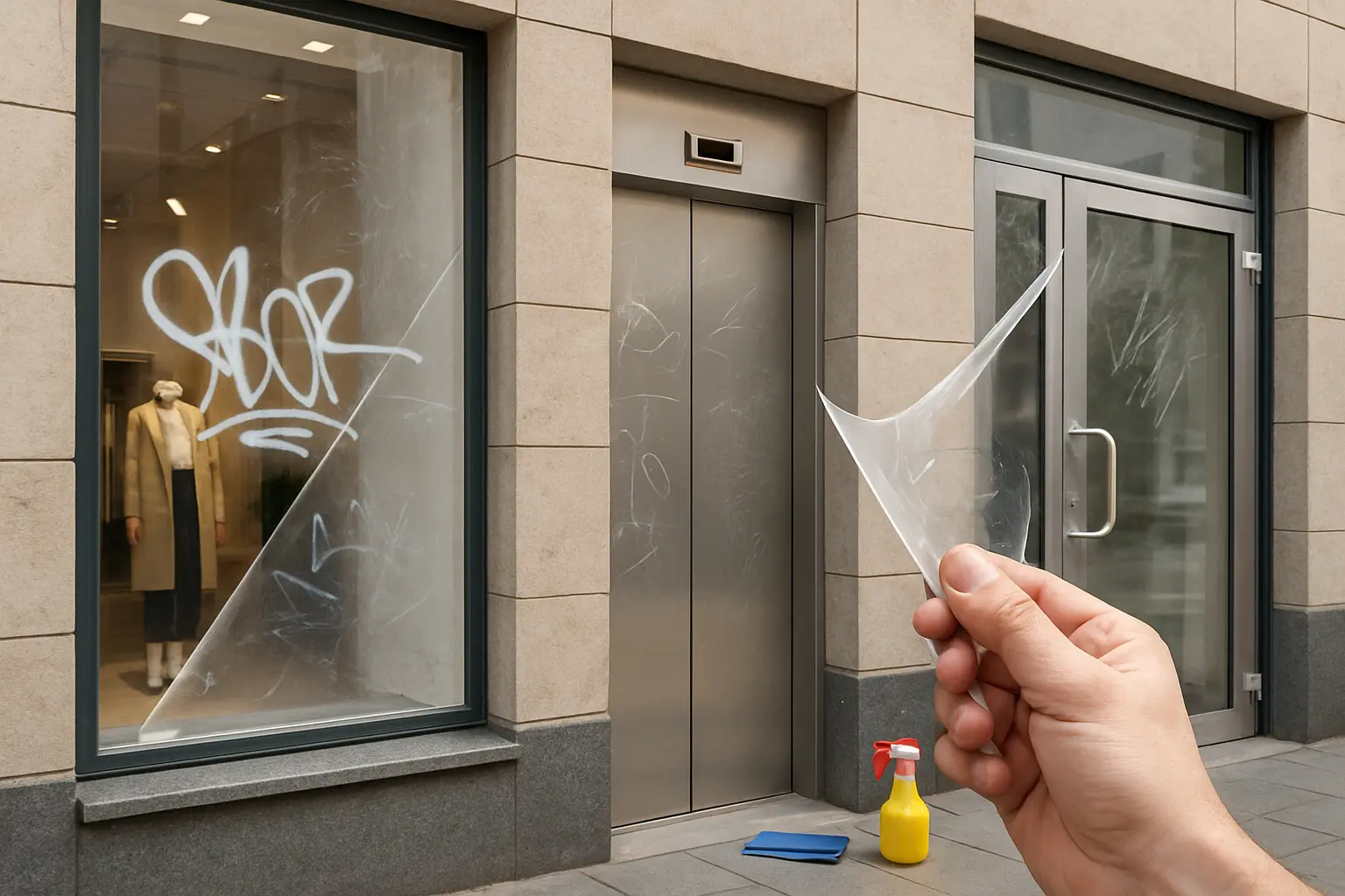 Anti Graffiti Folie Schaufenster Aufzug Türen – Bild 2