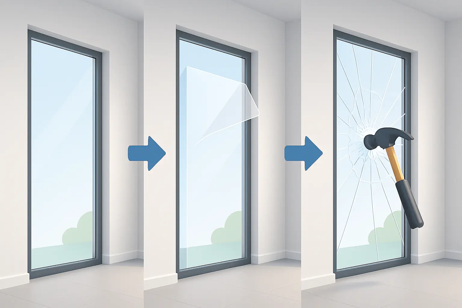 Bodentiefes Fenster in drei Schritten: ohne Folie, mit aufgebrachter Sicherheitsfolie und nach einem Hammerschlag, bei dem das Glas zusammenhält