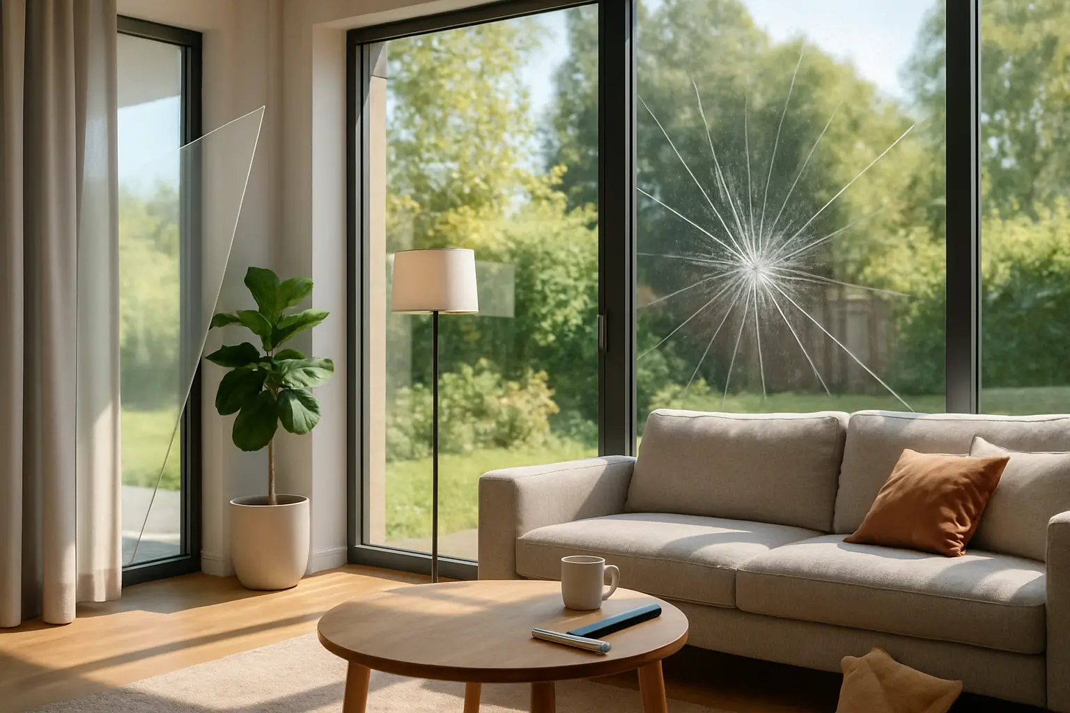 Bodentiefe Fensterfront eines Wohnhauses mit Blick in den Garten