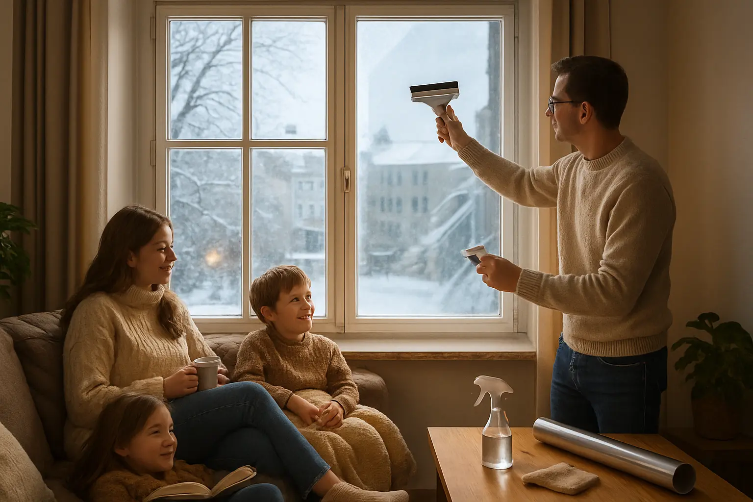 Isolierfolie wird auf der Innenseite einer Fensterscheibe angebracht