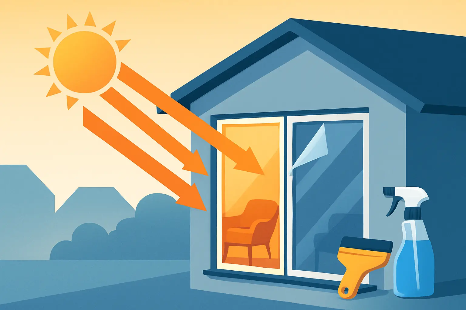 Sonnenstrahlen treffen auf ein Fenster, daneben Rakel und Sprühflasche für die Außenmontage