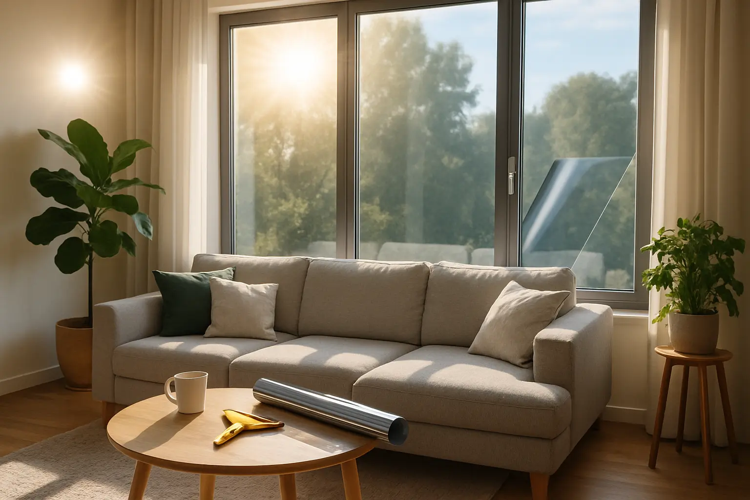 Sonnenschutzfolie zur Innenmontage wird im Wohnzimmer auf die Fensterscheibe aufgezogen
