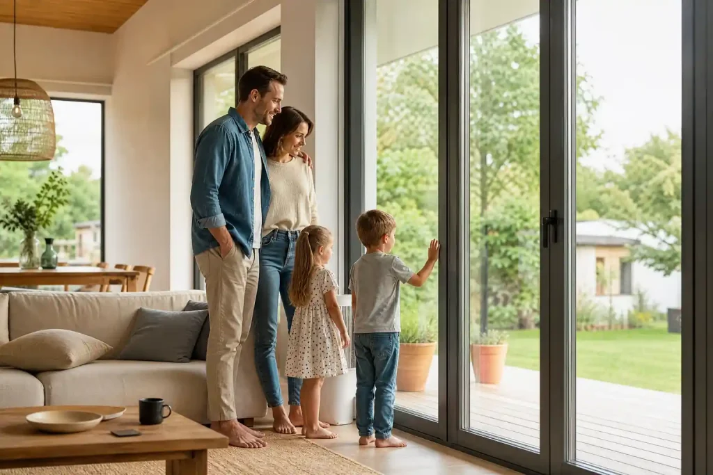Familie mit zwei Kindern steht an einer bodentiefen Glasschiebetür und schaut in den Garten