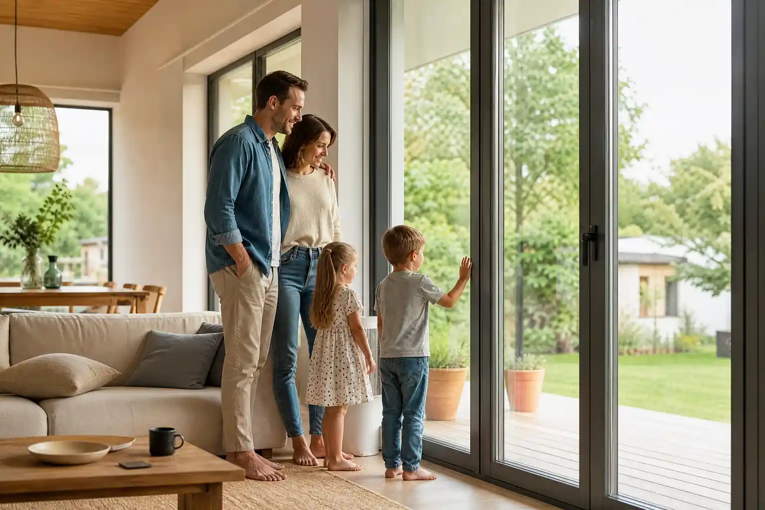Familie mit zwei Kindern steht an einer bodentiefen Glasschiebetür und schaut in den Garten