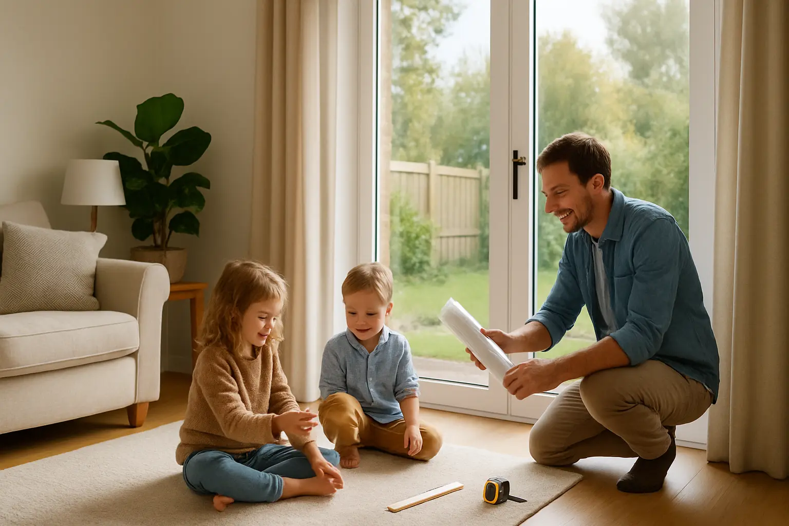 Vater mit Folienrolle und Maßband vor einer bodentiefen Glasschiebetür, zwei Kinder sitzen davor auf dem Teppich
