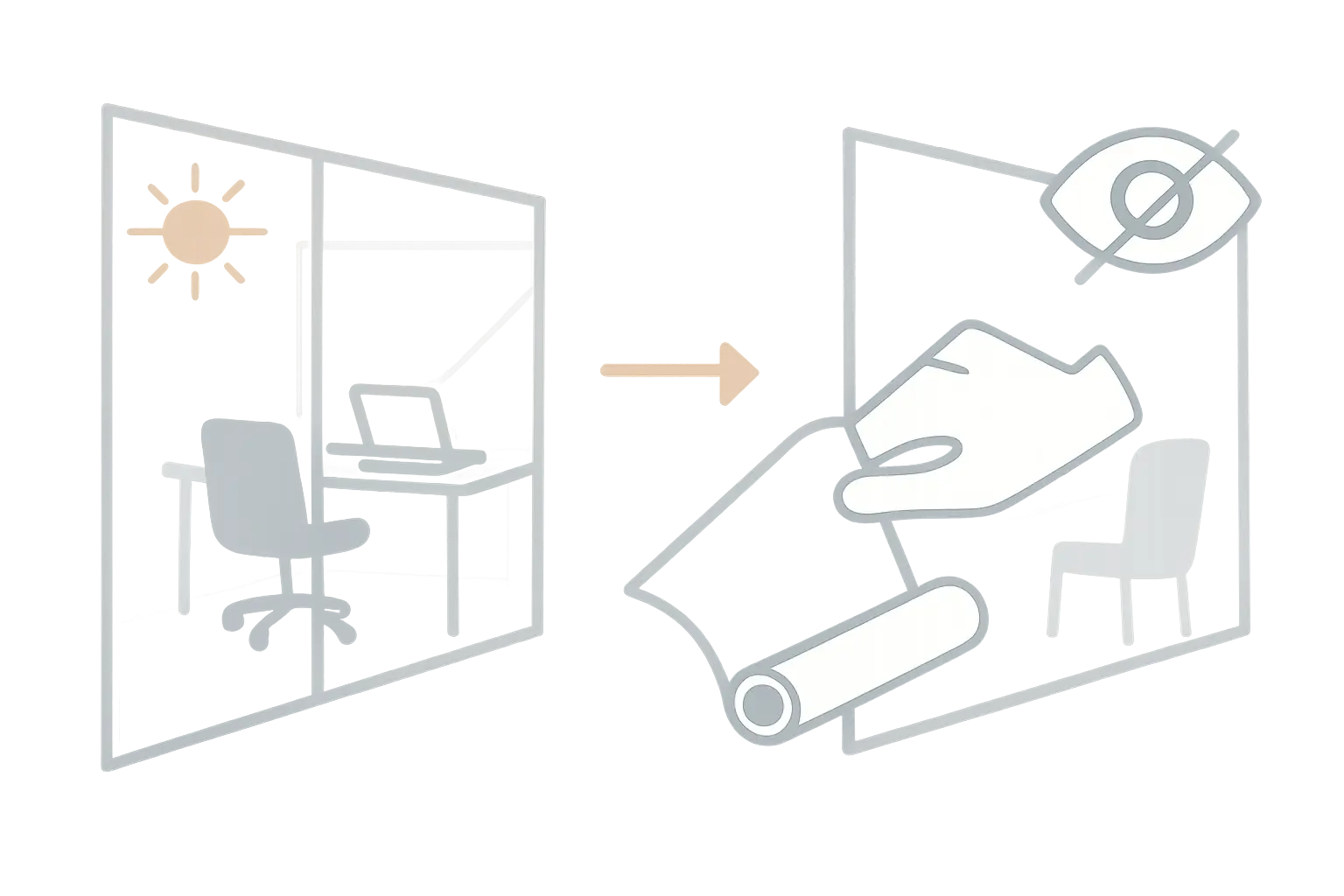 Schaubild: Büro-Glaswand vor und nach dem Bekleben mit Sichtschutzfolie