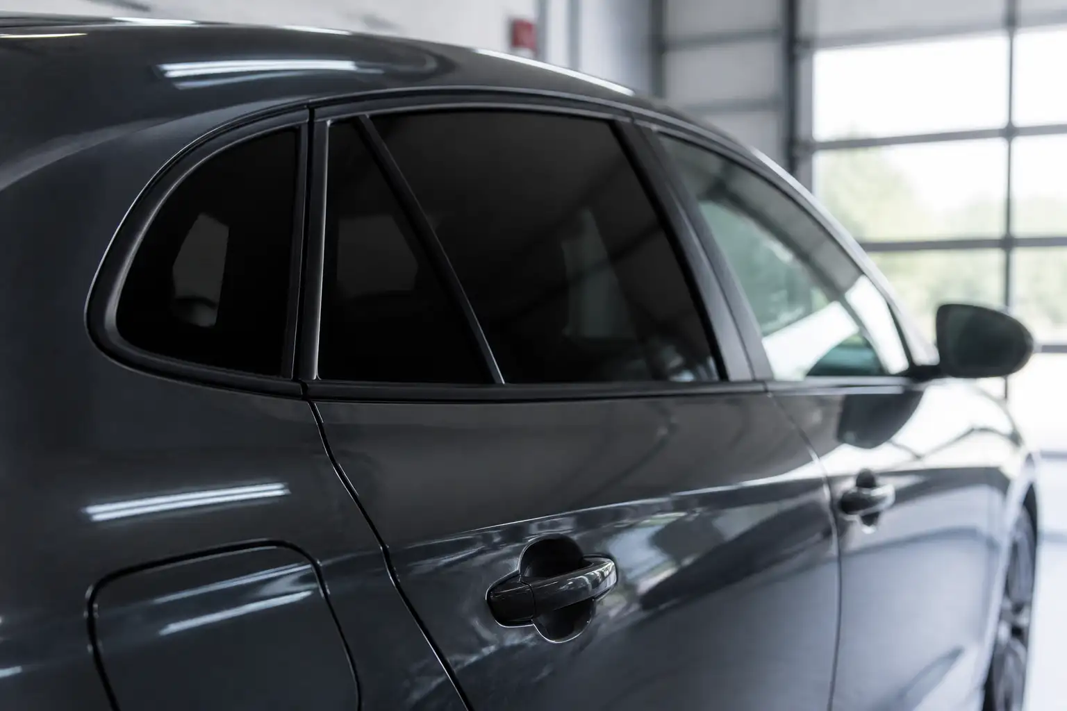Dunkel getönte hintere Seitenscheibe eines Autos, die vordere Seitenscheibe bleibt klar