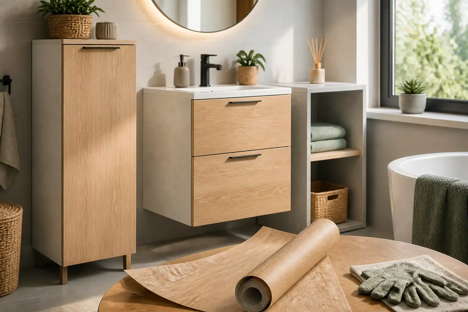 Badezimmer mit Möbelfronten in Eichenoptik, davor eine aufgerollte Holzdekorfolie und Arbeitshandschuhe