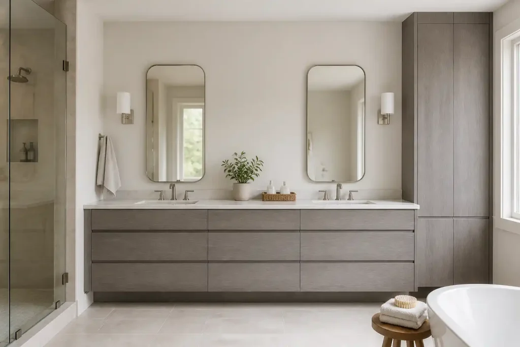 Modernes Badezimmer mit durchgehend folierten Möbelfronten in Holzoptik