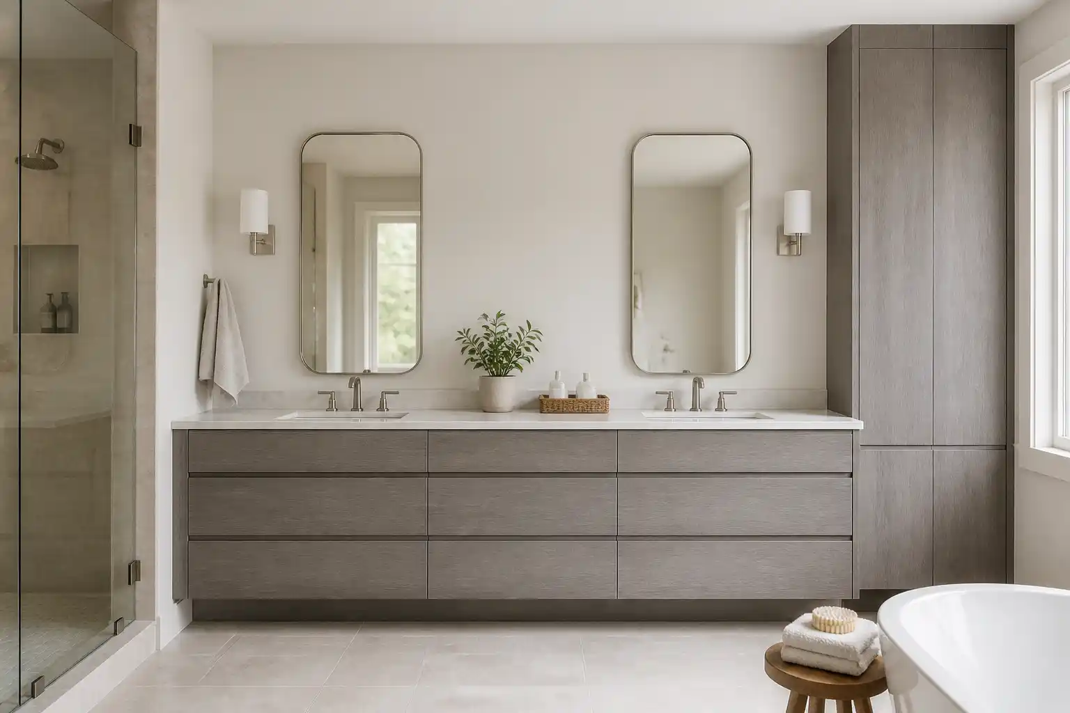 Modernes Badezimmer mit durchgehend folierten Möbelfronten in Holzoptik