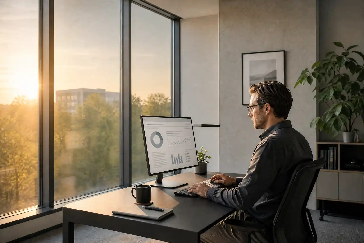 Büroarbeitsplatz am Fenster bei tief stehender Nachmittagssonne, Blick ins Freie