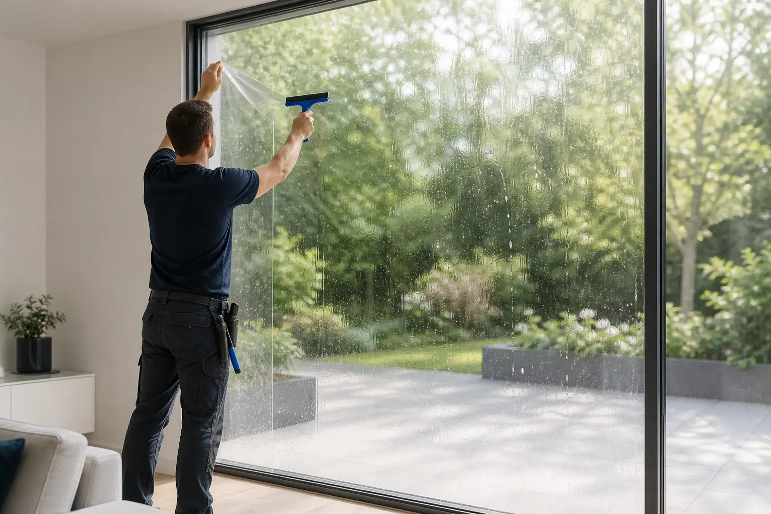 Sicherheitsfolie wird auf einem bodentiefen Fenster mit Blick auf die Terrasse nass verklebt und mit dem Rakel ausgezogen