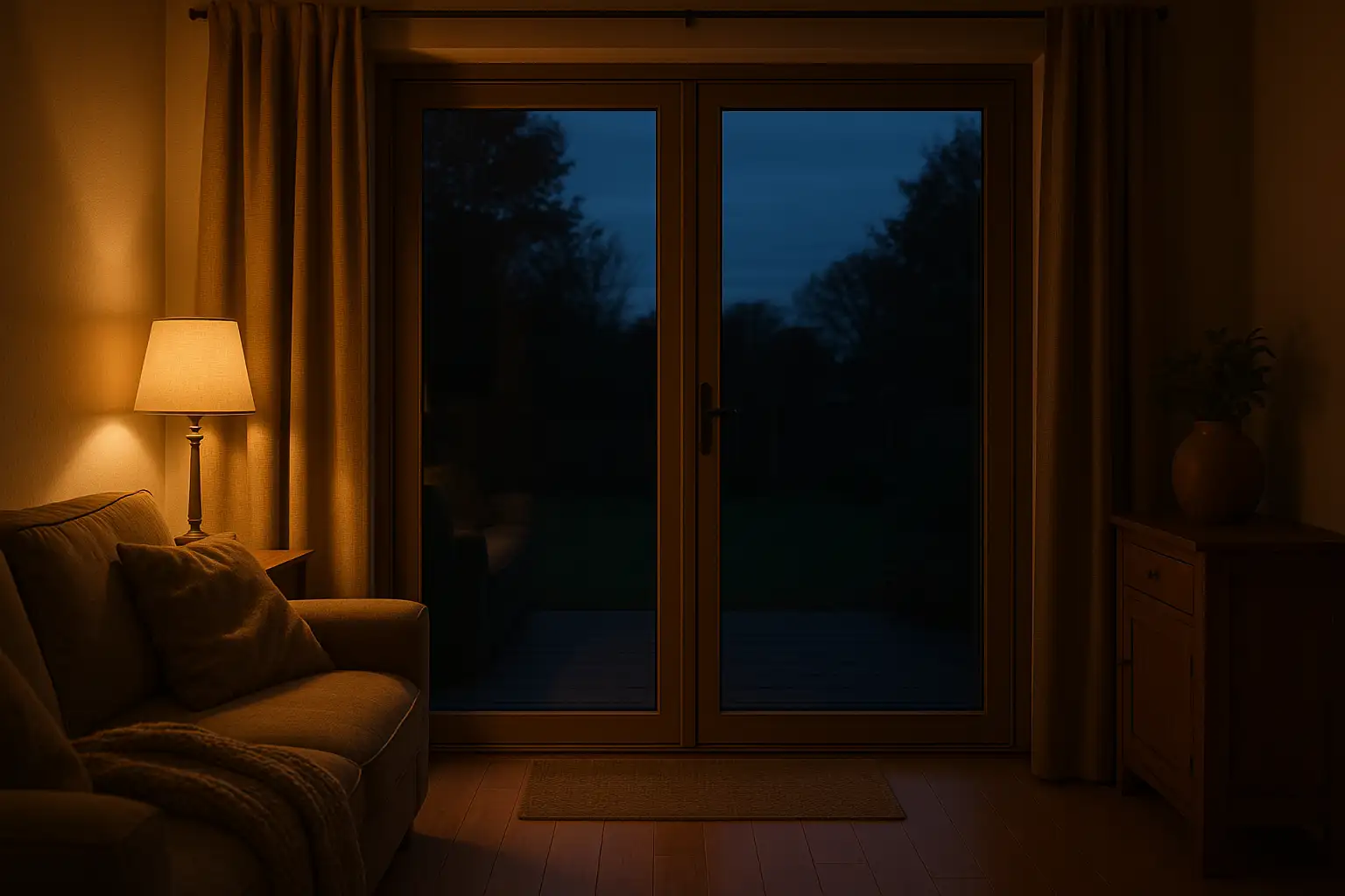 Terrassentür am Abend, Wohnzimmer mit Lampenlicht, geschlossene Tür zum Garten