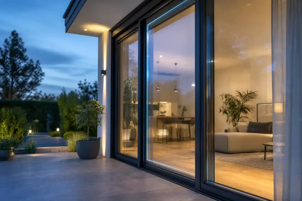 Bodentiefe Terrassentür am Abend von der Terrasse aus, beleuchteter Wohnraum dahinter
