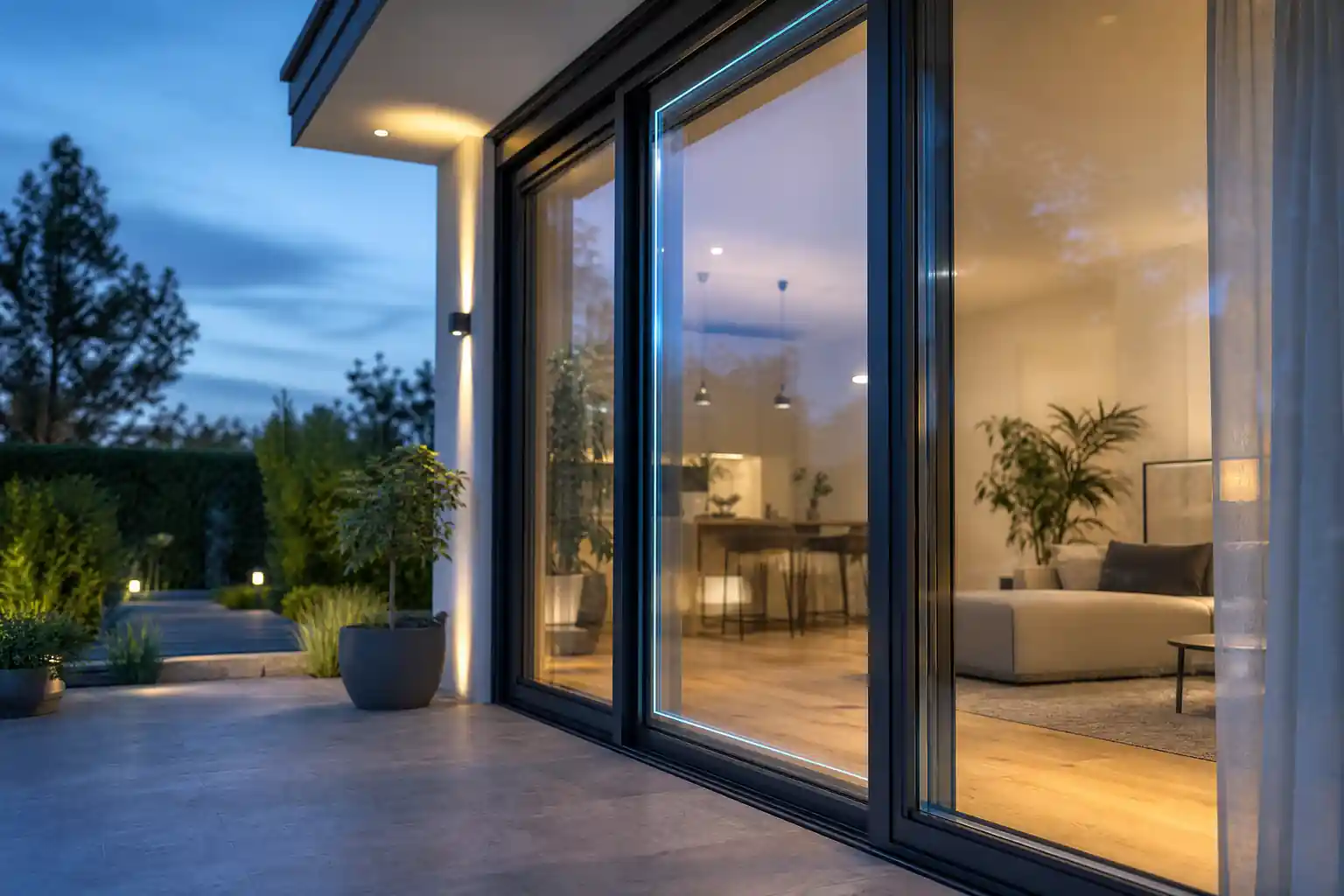 Bodentiefe Terrassentür am Abend von der Terrasse aus, beleuchteter Wohnraum dahinter