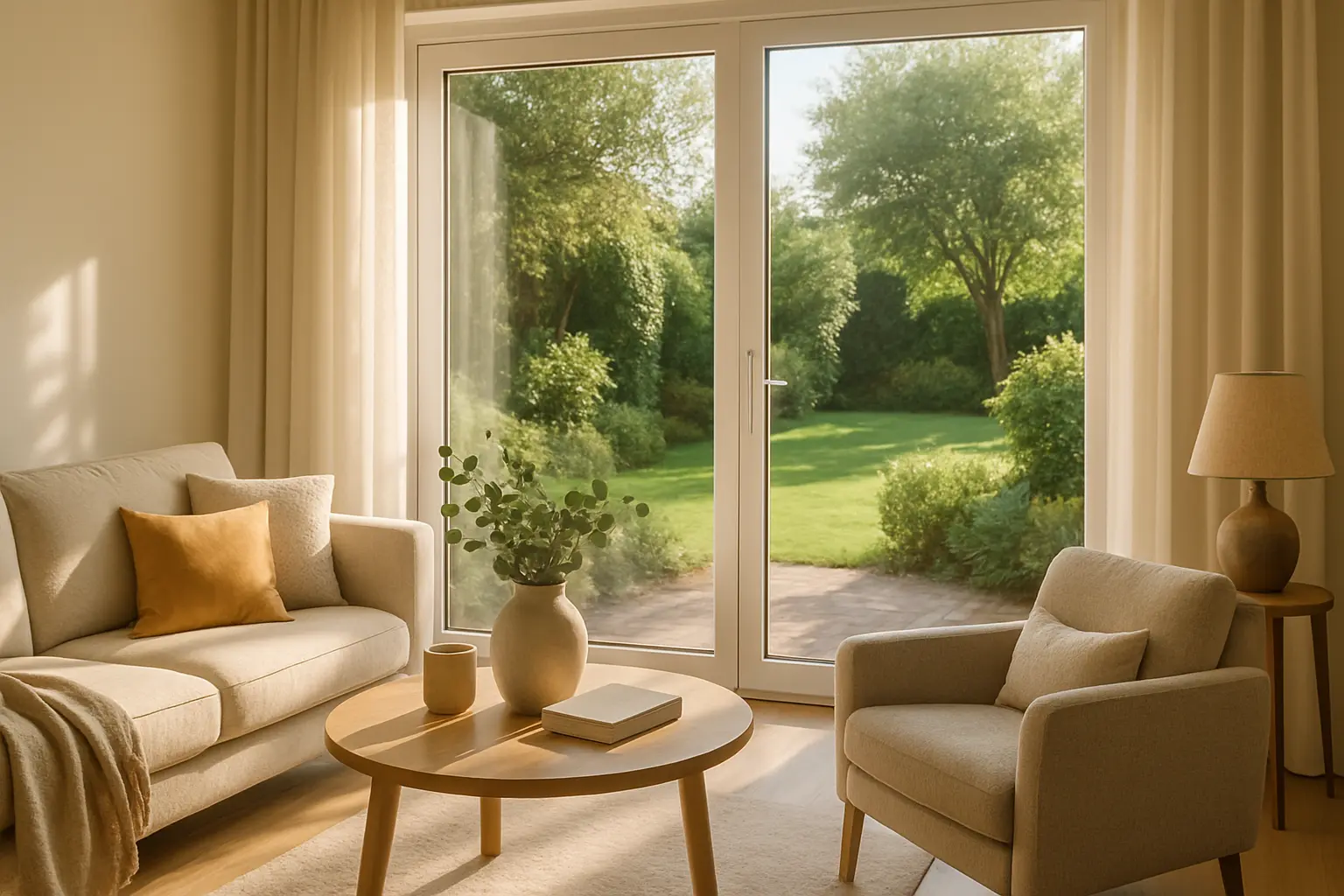 Wohnzimmer mit bodentiefer Terrassentür bei Tageslicht, klare Durchsicht in den Garten