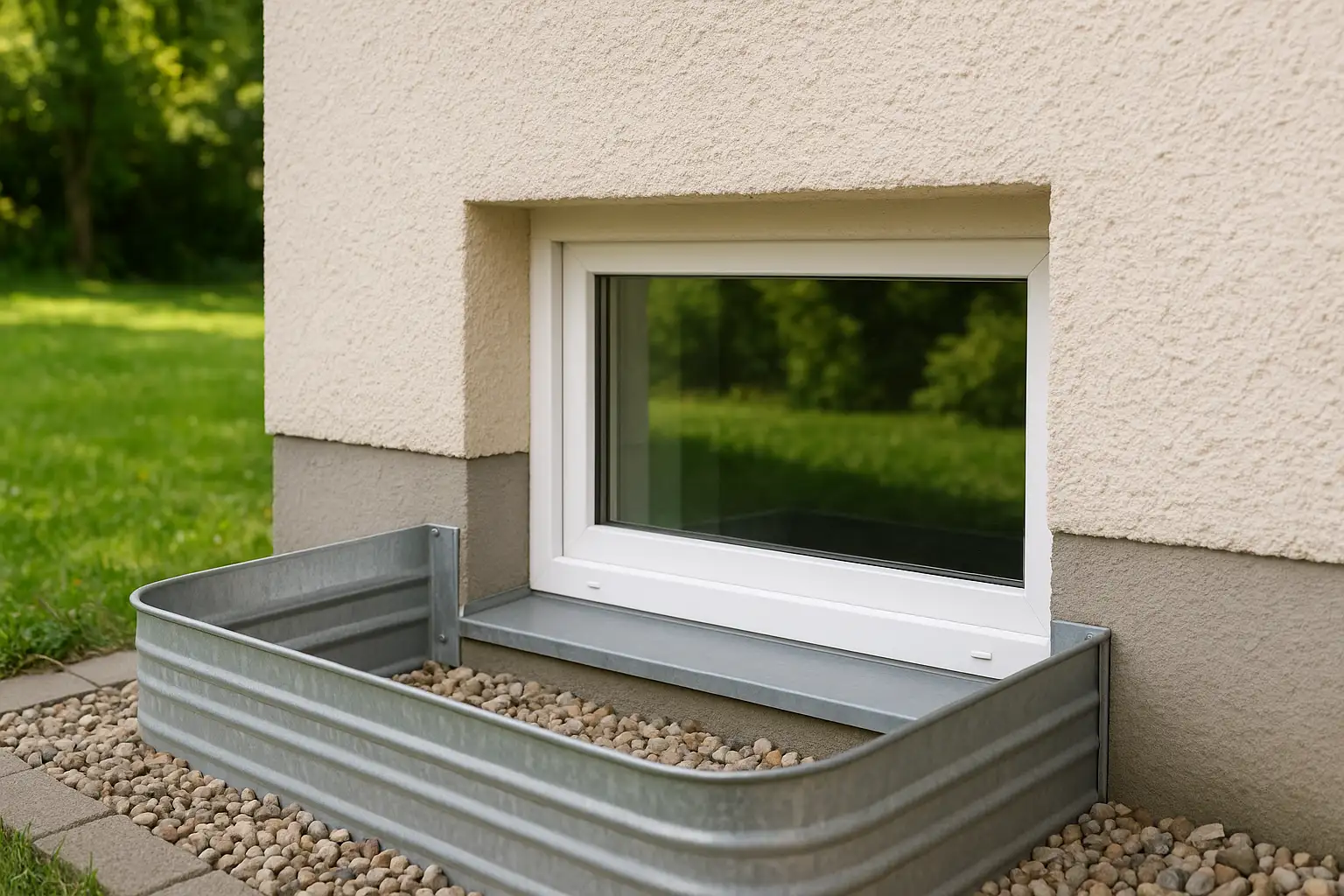 Kellerfenster im Lichtschacht an einer verputzten Hausfassade