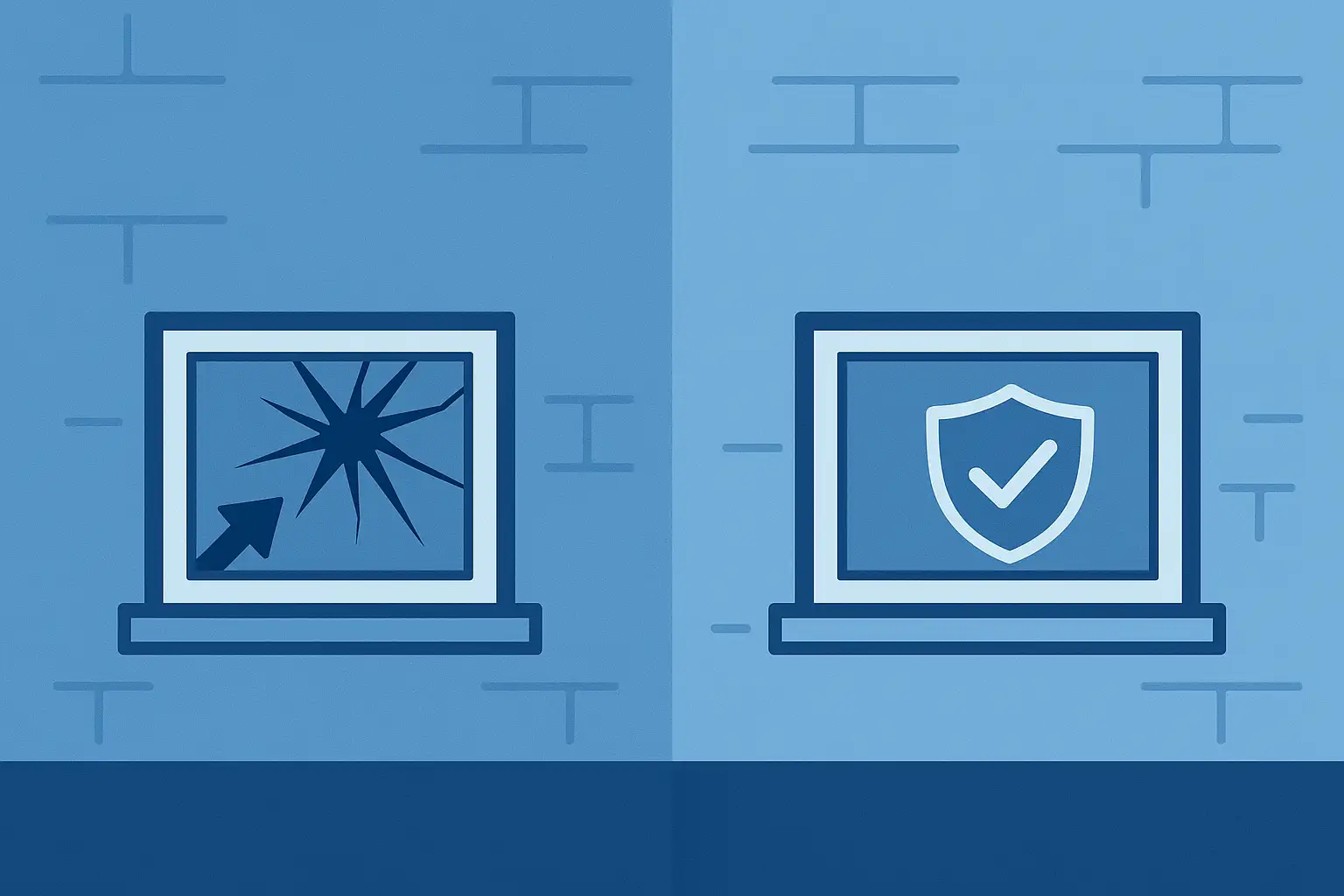 Illustration: links Kellerfenster mit Einschlagstern, rechts identisches Fenster mit Schild-Symbol als Zeichen für Einbruchschutz