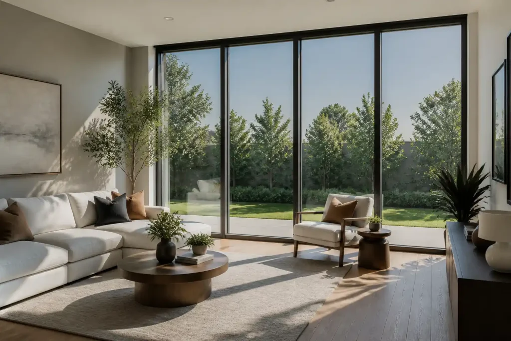 Helles Wohnzimmer mit bodentiefer Fensterfront nach Süden und Blick in den sonnigen Garten