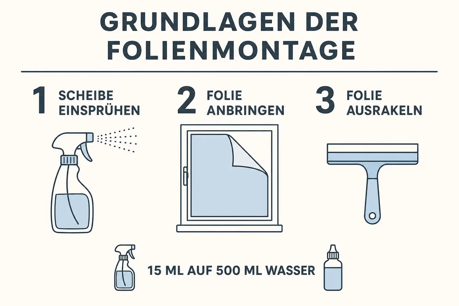 Grundlagen der Folienmontage in drei Schritten: Scheibe einsprühen, Folie anbringen, Folie ausrakeln – 15 ml Konzentrat auf 500 ml Wasser
