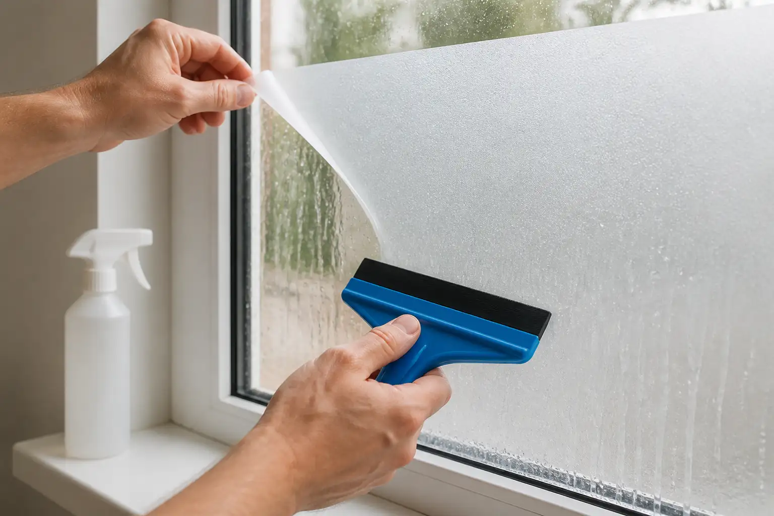 Milchglasfolie wird auf der nassen Fensterscheibe mit einem Rakel mit harter Gummilippe blasenfrei ausgezogen