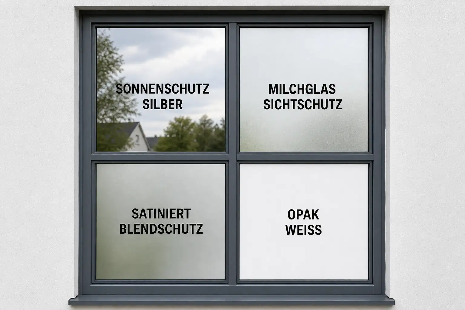 Vier Fensterfolien im direkten Vergleich an einem Fenster: Sonnenschutz Silber, Milchglas, satiniert und opak weiß