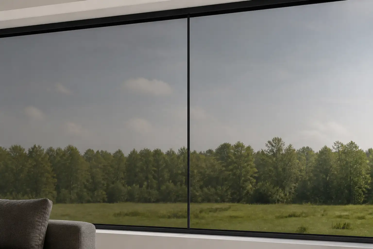 Breite Fensterfront mit getönter Sonnenschutzfolie, Blick auf Wiese und Waldrand