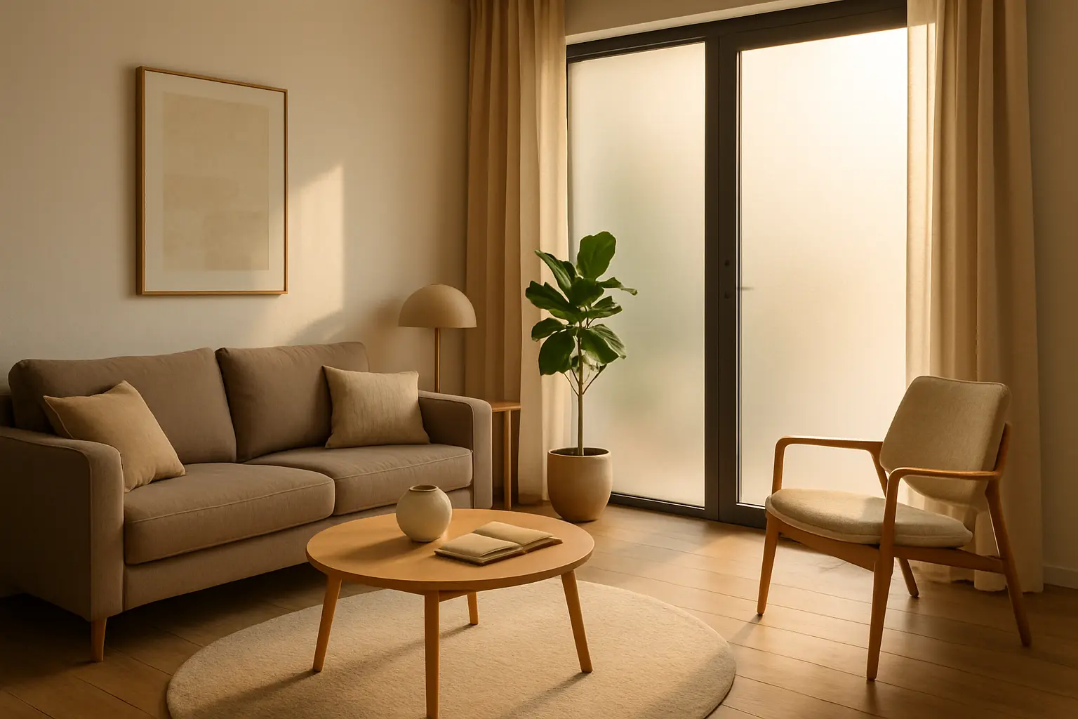 Wohnzimmer mit satiniertem Glastür-Seitenteil, das Sichtschutz und Tageslicht verbindet