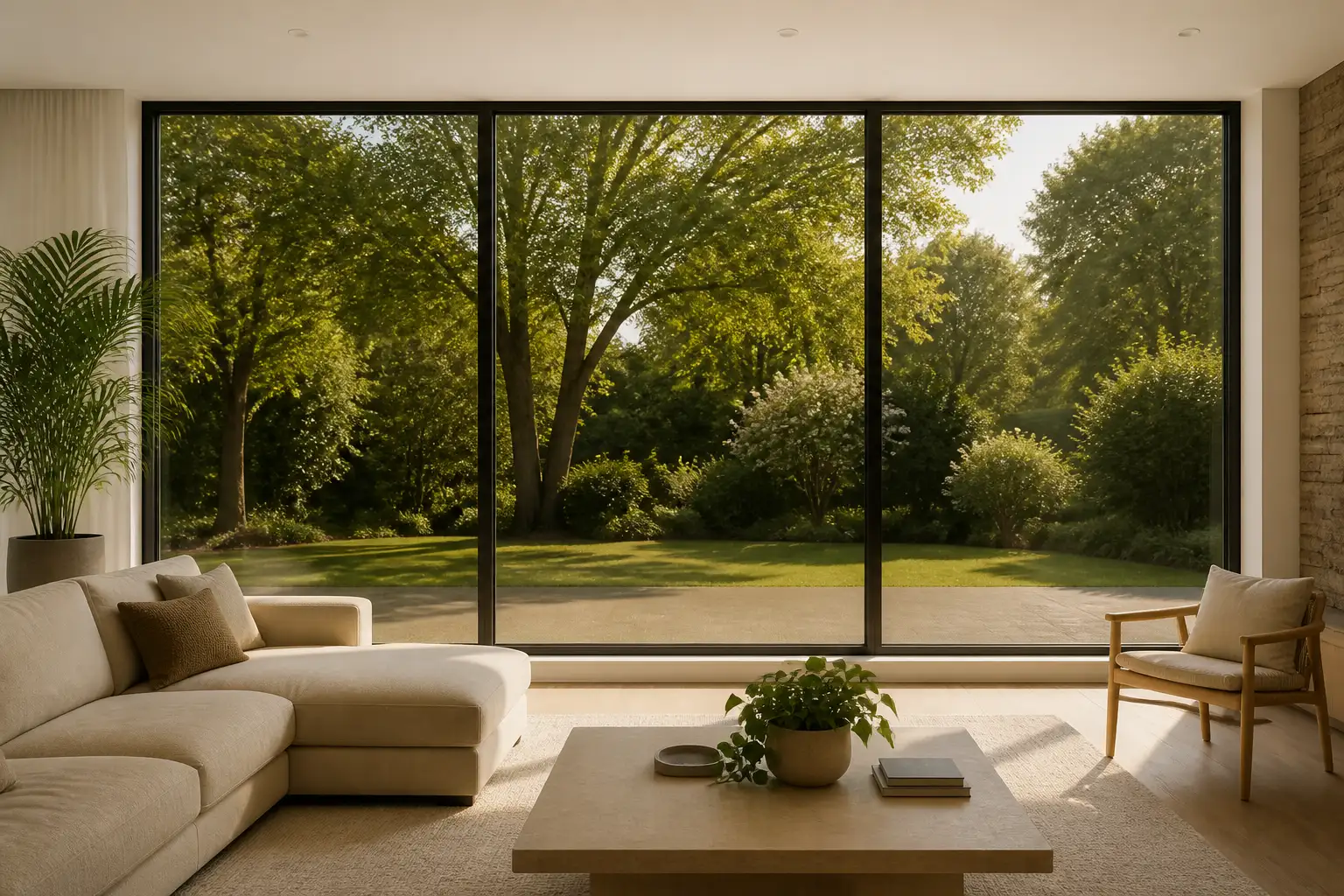 Wohnzimmer mit bodentiefer Fensterfront aus drei nebeneinanderliegenden Glasfeldern
