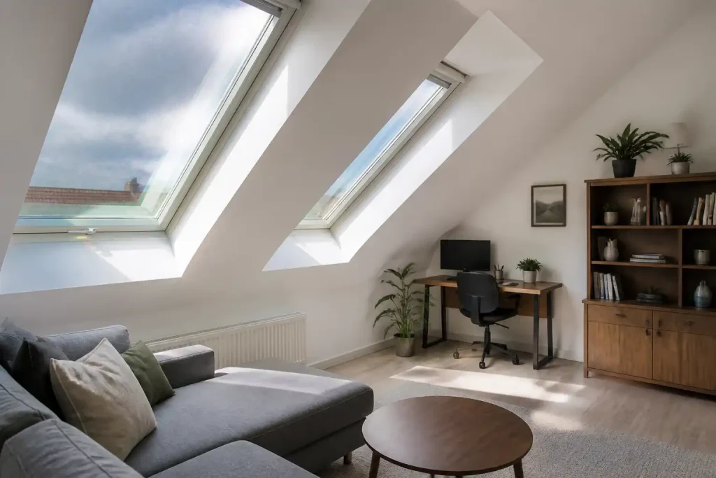 Helles Wohnzimmer im Dachgeschoss mit zwei Dachfenstern in der Dachschräge