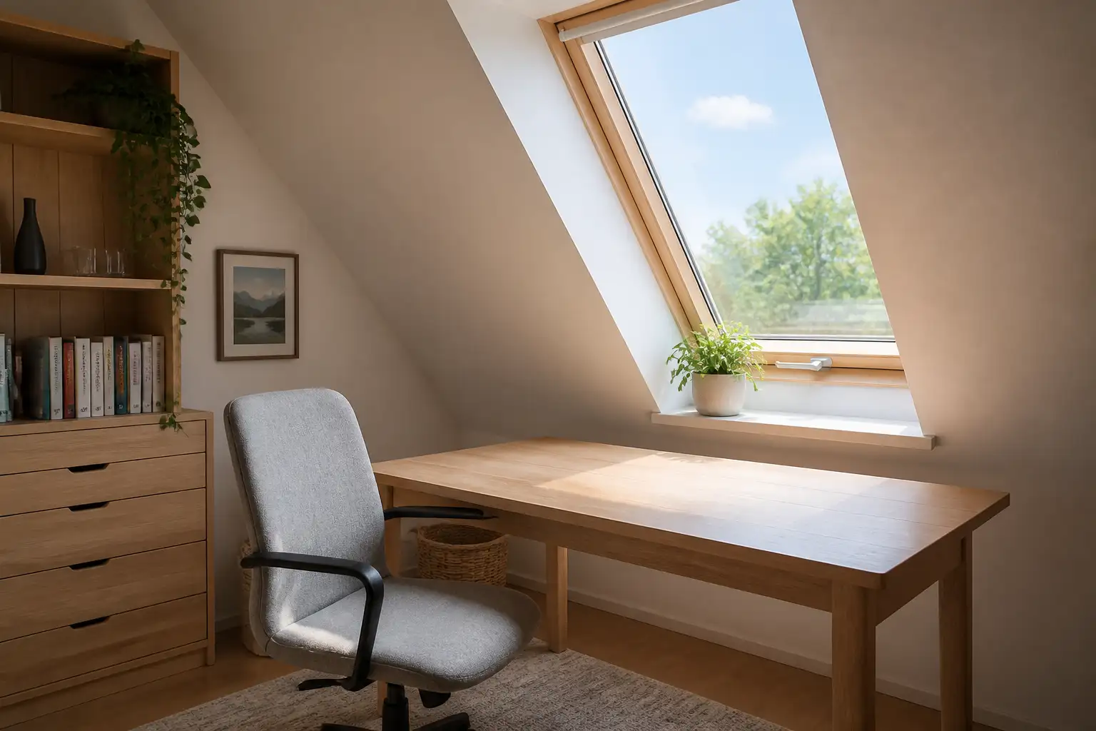 Helles Arbeitszimmer unter der Dachschräge mit Schreibtisch und geschlossenem Dachfenster