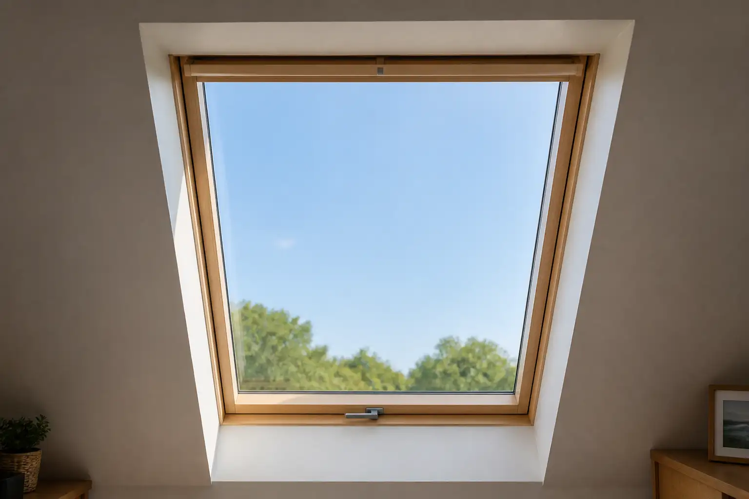 Blick von innen durch ein geschlossenes Dachfenster auf blauen Himmel und Baumkronen