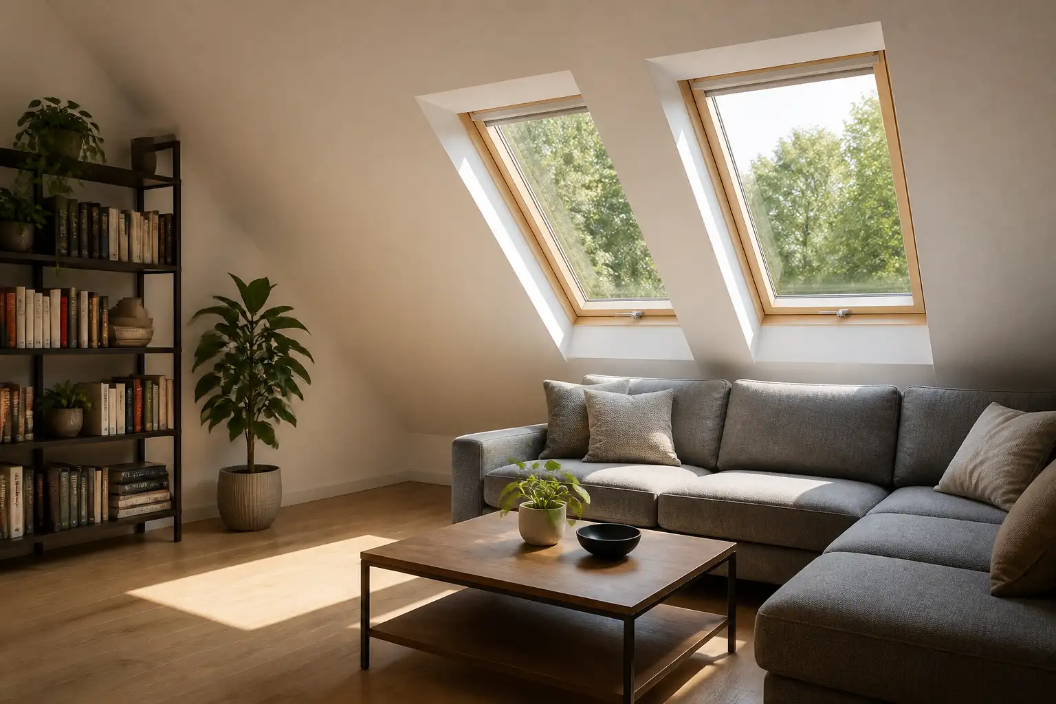 Dachgeschosszimmer mit zwei geschlossenen Dachfenstern, warmes Sonnenlicht fällt auf den Holzboden
