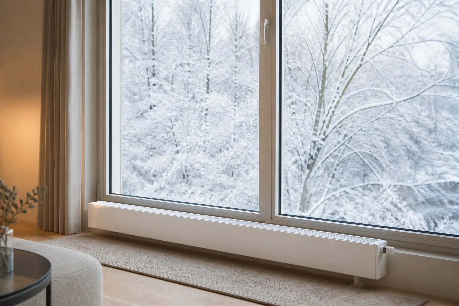 Flacher weißer Heizkörper unter einer großen Fensterscheibe, draußen verschneite Bäume