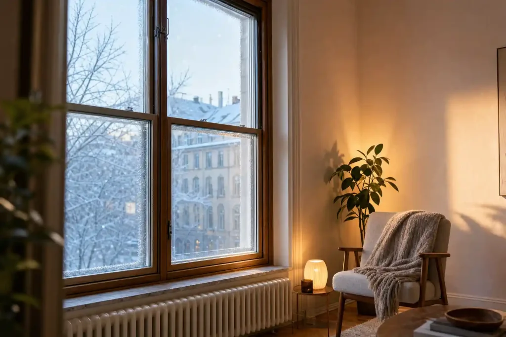 Altes Holzfenster im Winter, davor Heizkörper, Sessel mit Decke und eine warm leuchtende Lampe