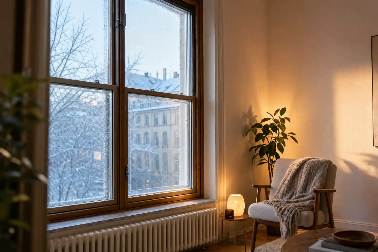 Altes Holzfenster im Winter, davor Heizkörper, Sessel mit Decke und eine warm leuchtende Lampe