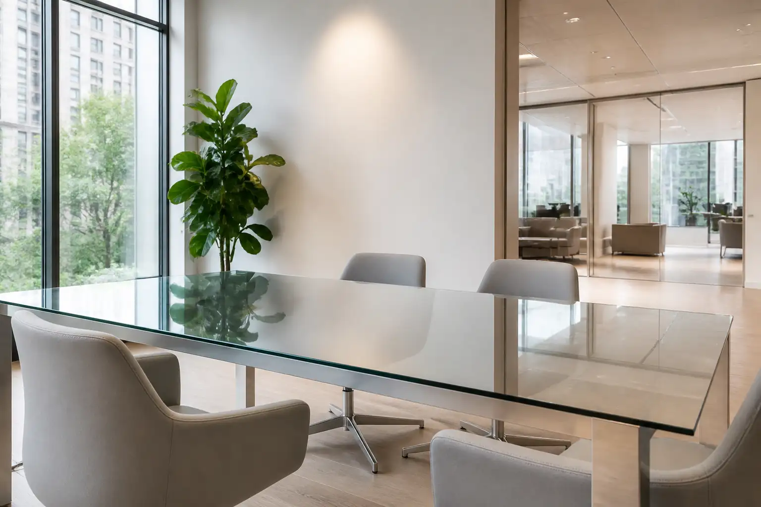 Besprechungstisch mit Glasplatte in einem hellen Büro mit Glastrennwand