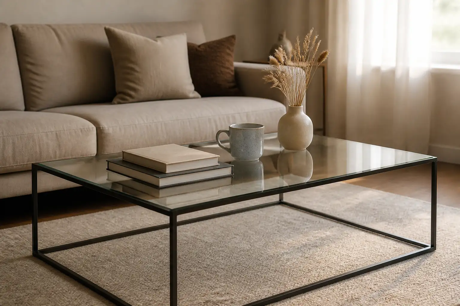 Couchtisch mit Glasplatte, Tasse und Büchern vor einem hellen Sofa