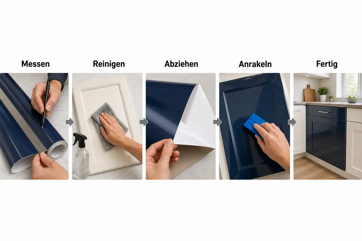 Fünf Arbeitsschritte beim Folieren einer Küchenfront: messen, reinigen, Trägerfolie abziehen, anrakeln, fertige Front
