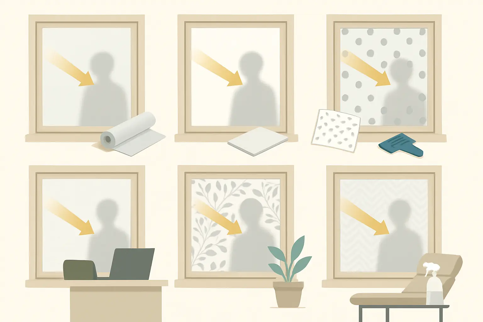Illustration: sechs Fenster mit unterschiedlichen Sichtschutzfolien-Mustern im Vergleich