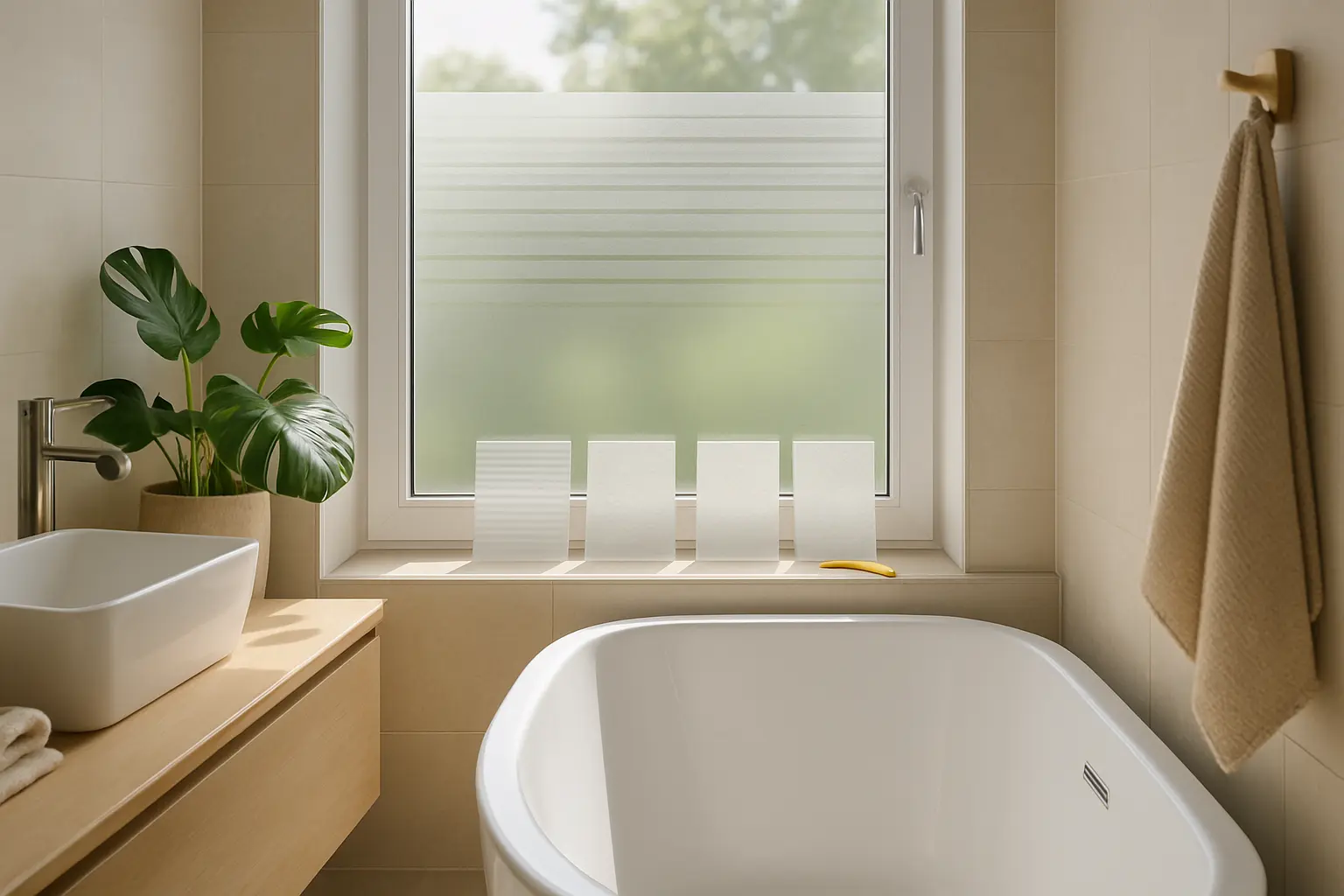 Badezimmerfenster mit Streifen-Milchglasfolie, Musterkarten auf der Fensterbank