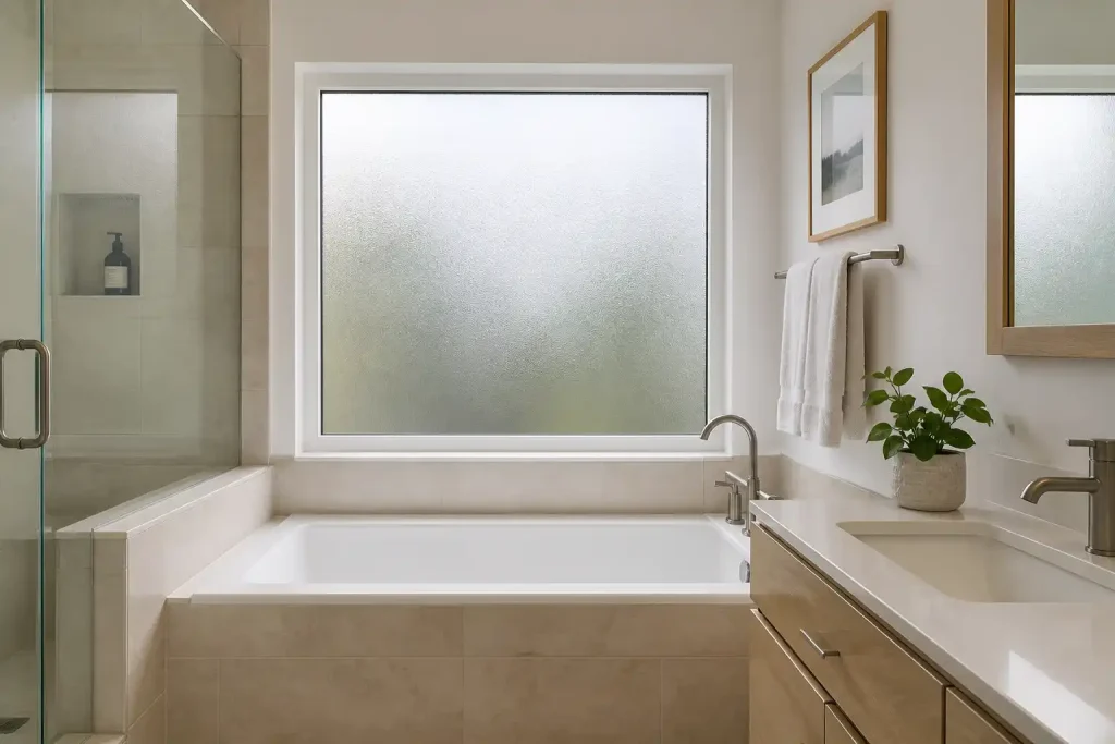 Badezimmer mit Wanne am Fenster, dessen Scheibe vollflächig satiniert und blickdicht ist