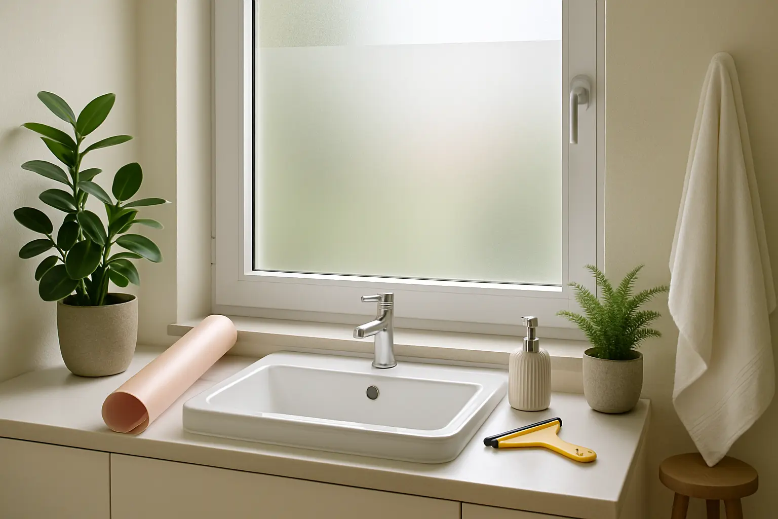 Milchglasfolie wird mit einer Rakel blasenfrei auf eine nasse Fensterscheibe aufgezogen