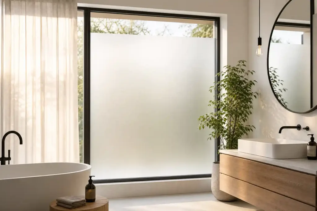 Fenster mit matter Milchglasfolie im Vergleich zu einem Fenster mit Gardine