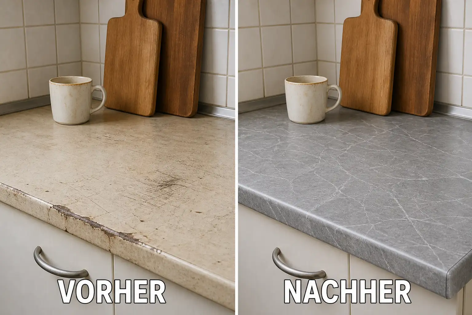 Arbeitsplatte vor und nach dem Bekleben mit Möbelfolie in Steinoptik