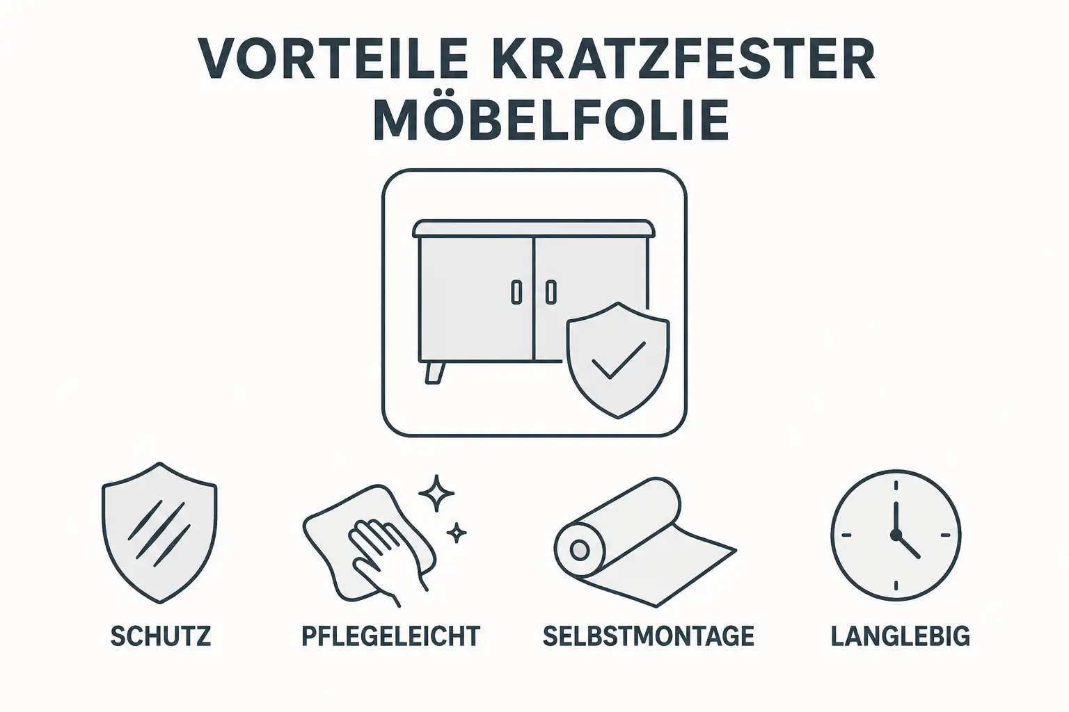 Vier Vorteile kratzfester Möbelfolie als Grafik: Schutz, pflegeleicht, Selbstmontage, langlebig