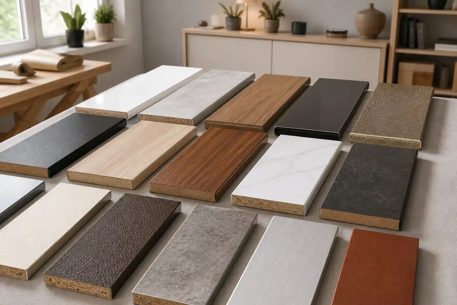 Dekorplatten mit Holz-, Stein-, Uni- und Glitzeroberflächen, jeweils mit sichtbarer Spanplattenkante